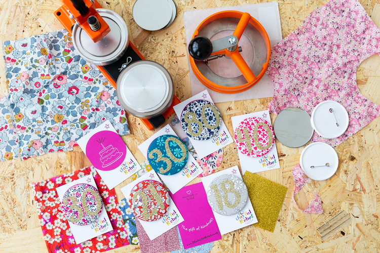 Large custom Liberty Print Birthday Badges - handmade to order - customisable by fabric choice, glitter colour and age