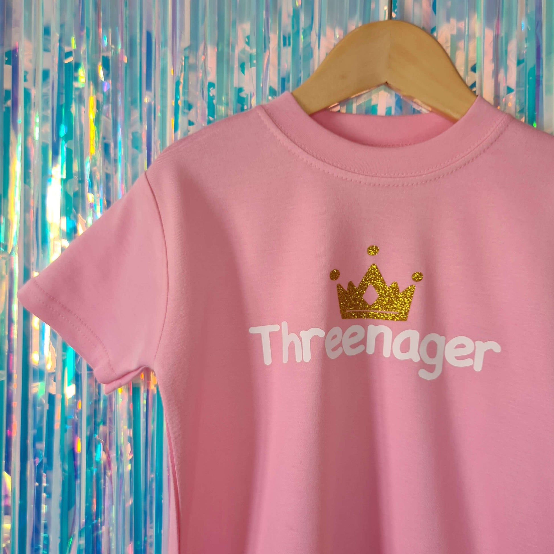 Pink 3rd birthday tshirt - threenager and glitter gold crown - The Joyful Rebel
