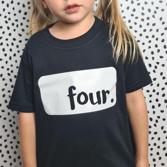 Girl wearing The Joyful Rebel 4th birthday tshirt in Black,