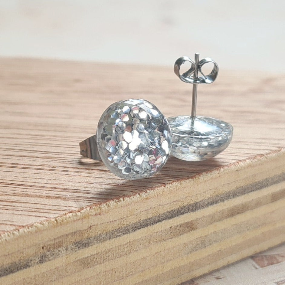 Glitterball Silver Resin Stud Earrings - 12mm
