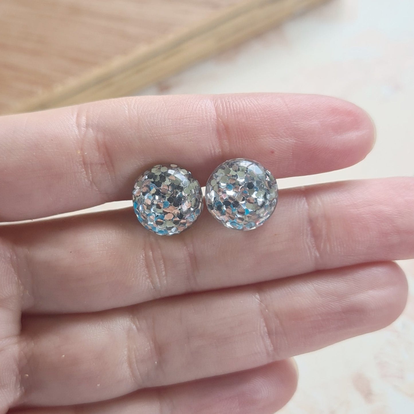 Glitterball Silver Resin Stud Earrings - 12mm