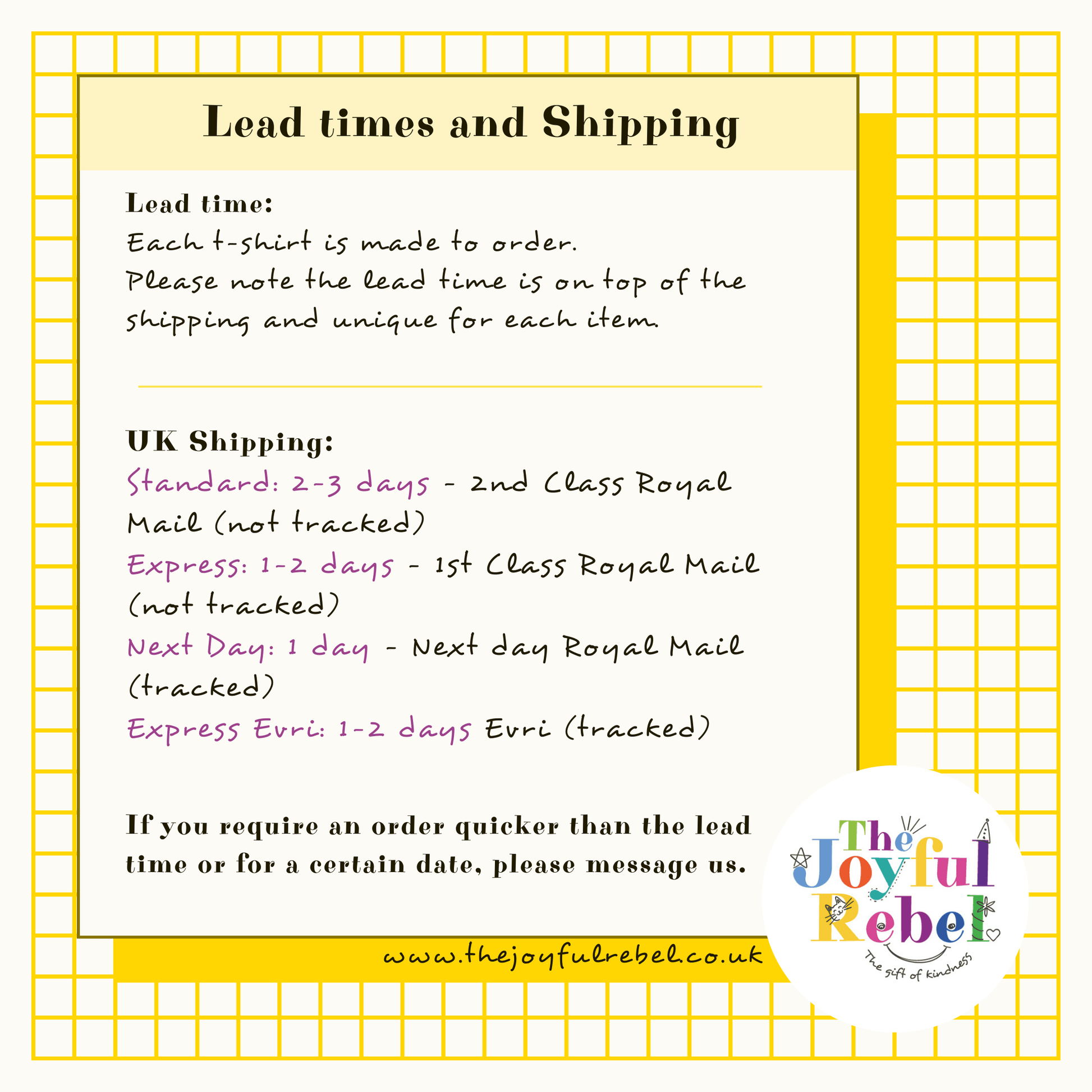 Shows the lead and shipping times for the birthday tshirts