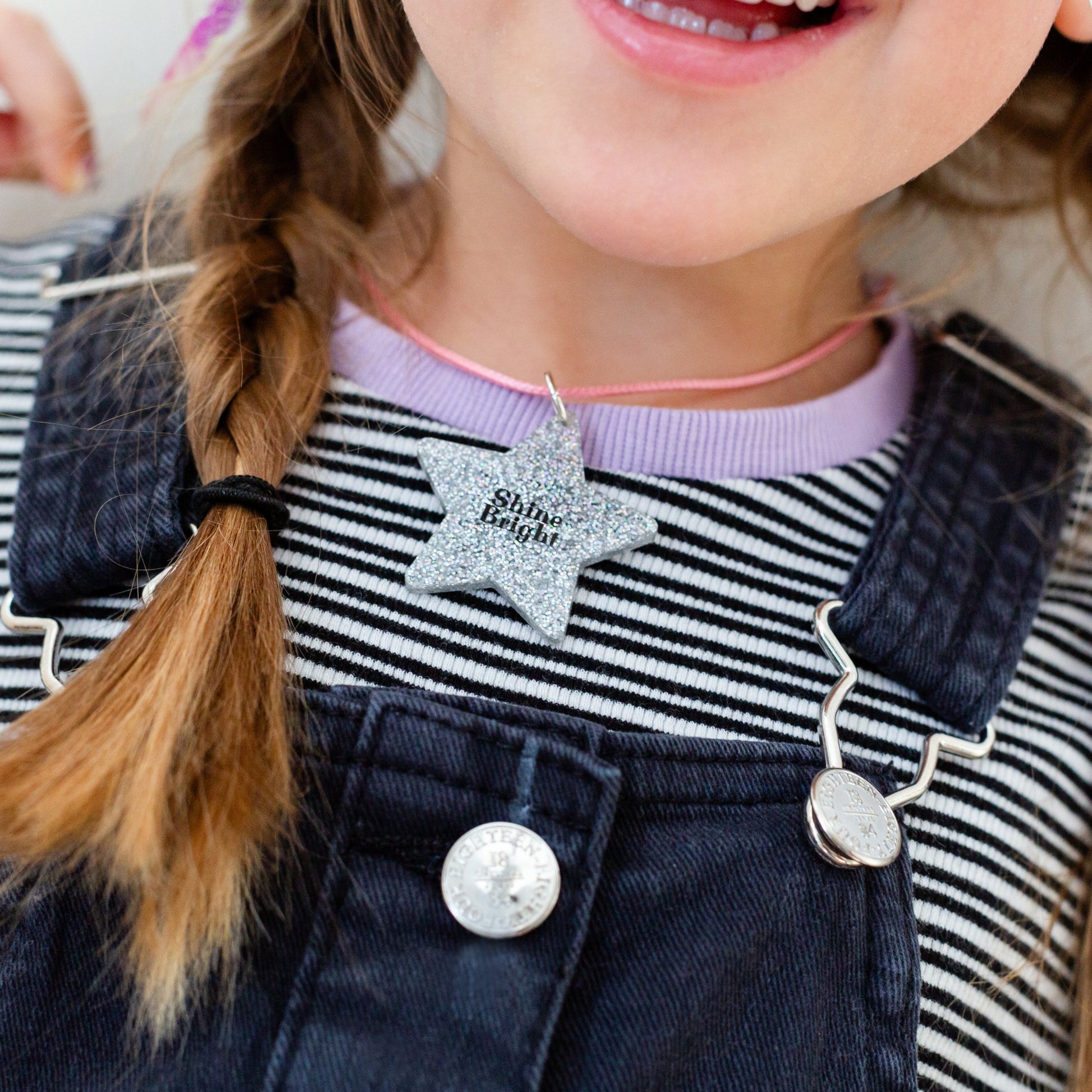 super glittery silver 'shine bright' necklace with pink cord