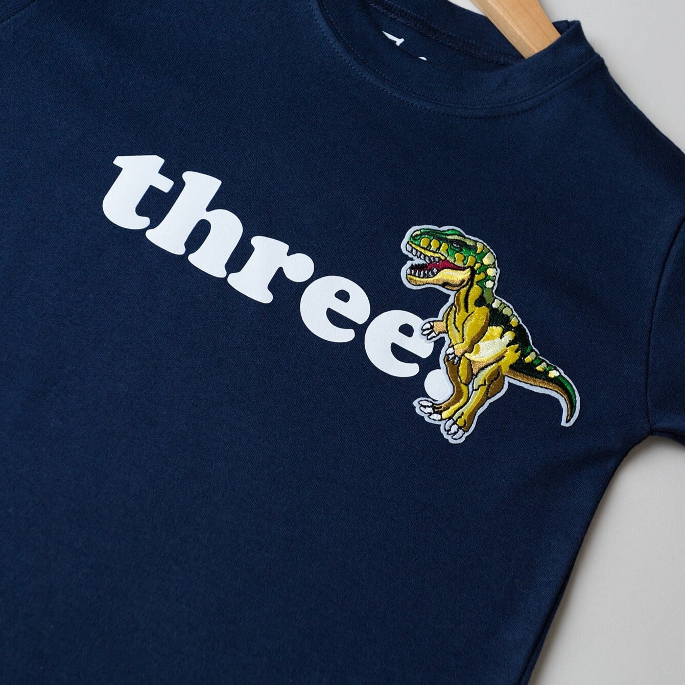 hanging 3rd birthday tshirt with the embroidered t-rex dinosaur from The Joyful Rebel