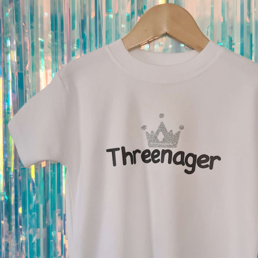 3rd birthday white tshirt and black print - Threenager and glitter silver crown - the joyful rebel