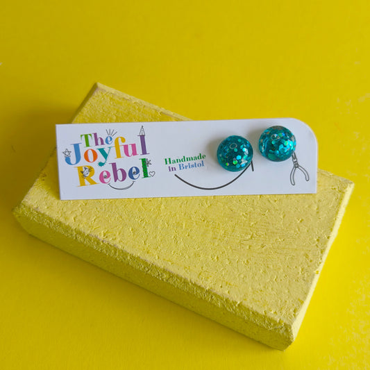 Glitterball Turquoise Resin Stud Earrings - 12mm