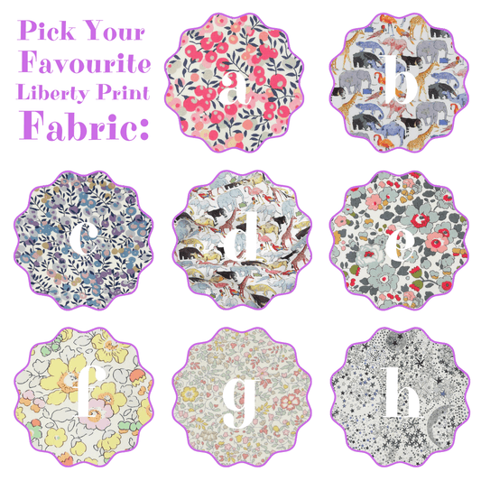 Set of Liberty print fabric swatches with various patterns on a white background.