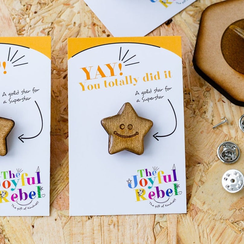 Congratulations Gold Star Badge - Wooden Hand Painted Gold Resin Pin Badge