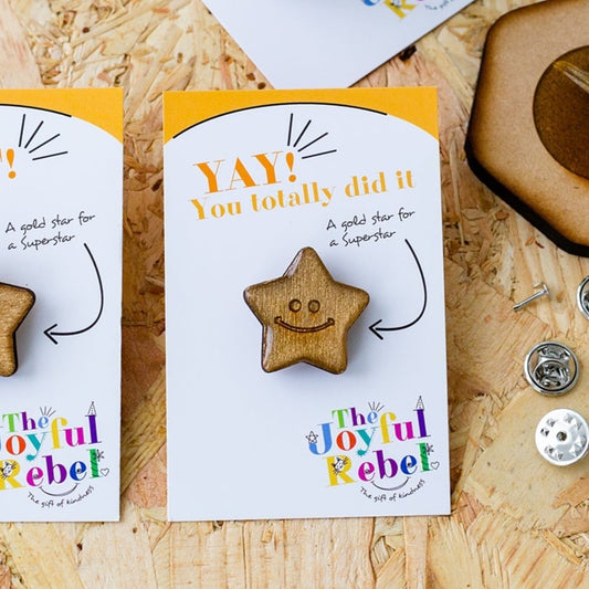 Congratulations Gold Star Badge - Wooden Hand Painted Gold Resin Pin Badge