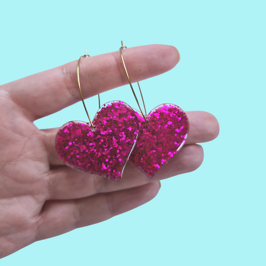 Glitter Bright Pink Heart with Brass Oval Hoop
