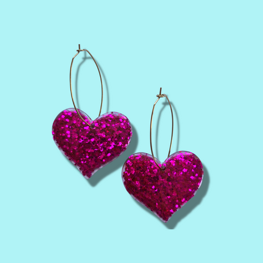 Glitter Bright Pink Heart with Brass Oval Hoop
