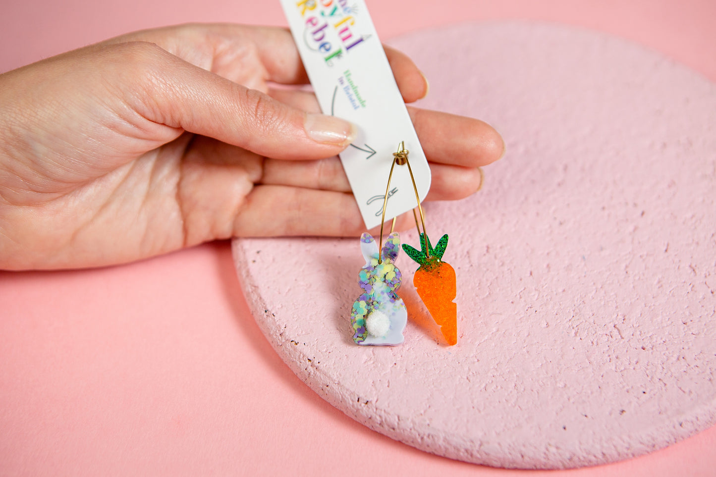 Pink or Purple Speckled Rabbit and Carrot Dangly Hoop Earrings