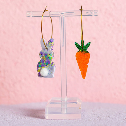 Pink or Purple Speckled Rabbit and Carrot Dangly Hoop Earrings