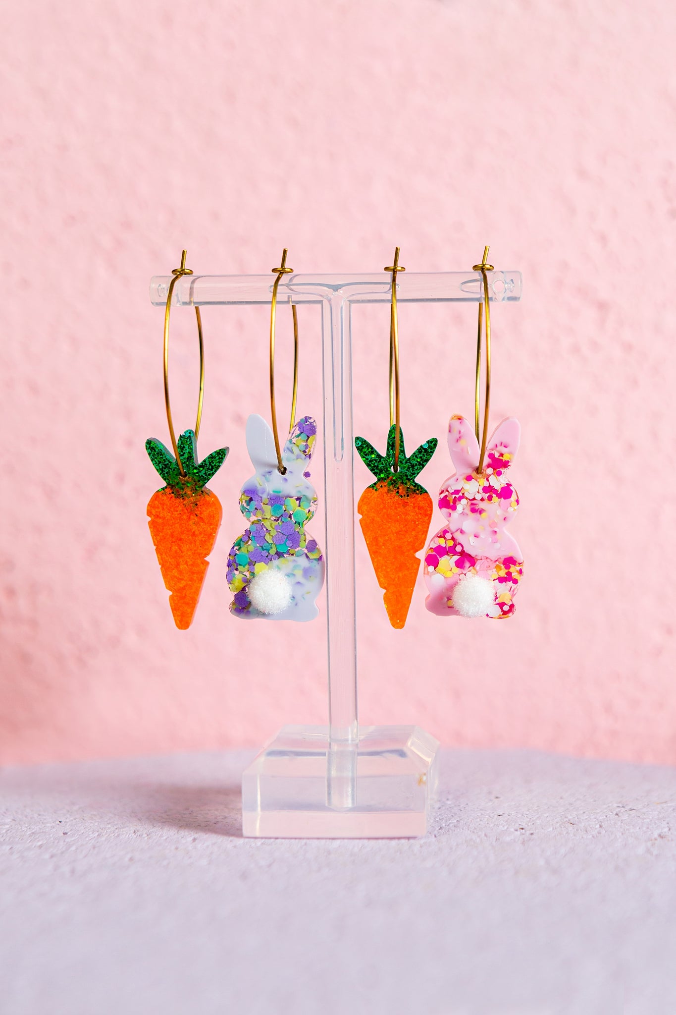 Pink or Purple Speckled Rabbit and Carrot Dangly Hoop Earrings