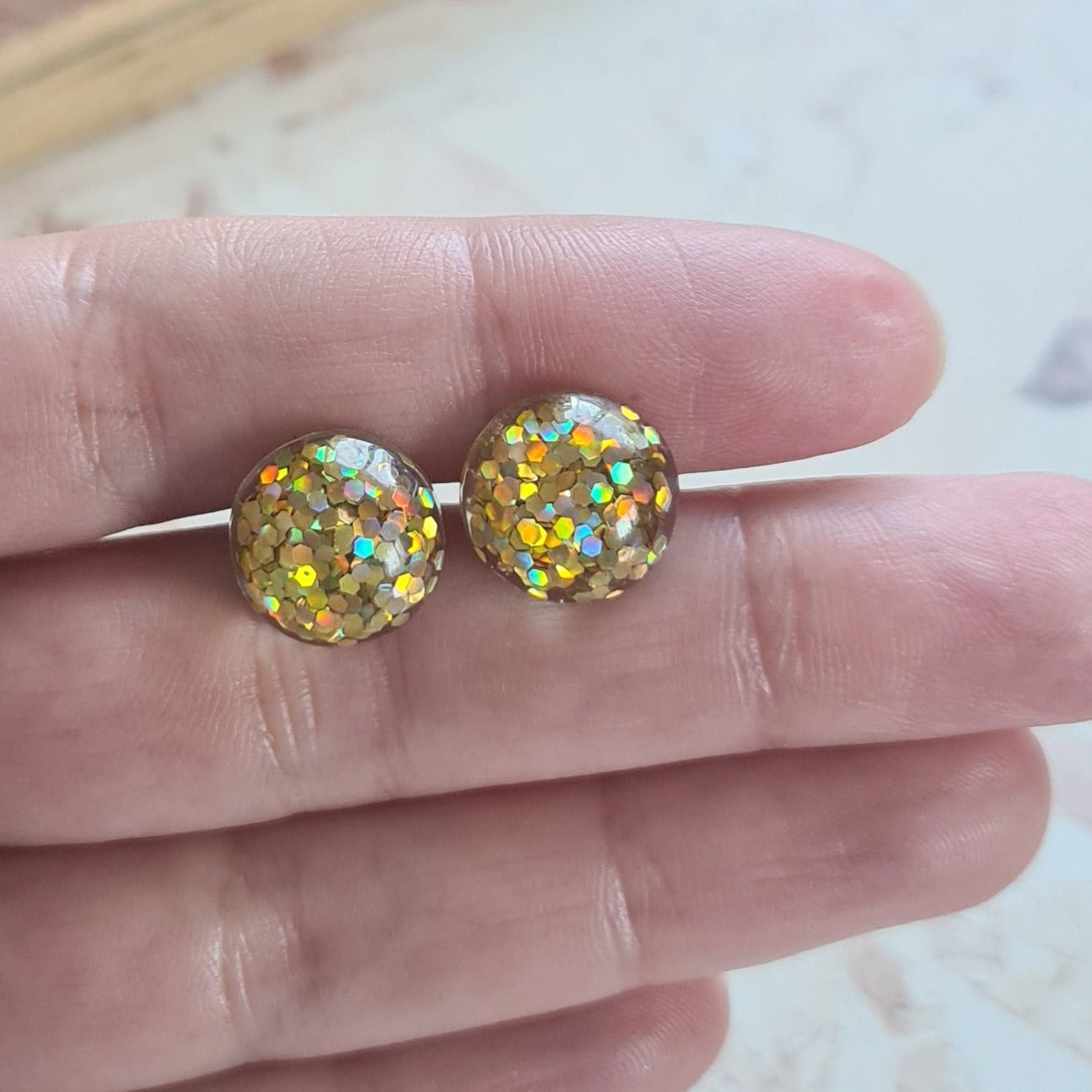 Sparkly gold, glitterball iridescent, tiny gold stud earrings - the joyful rebel
