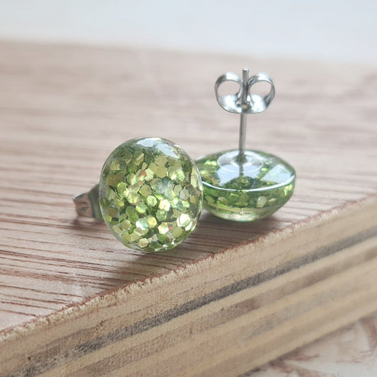 Glitter ball green - resin glitter stud earrings - the joyful rebel