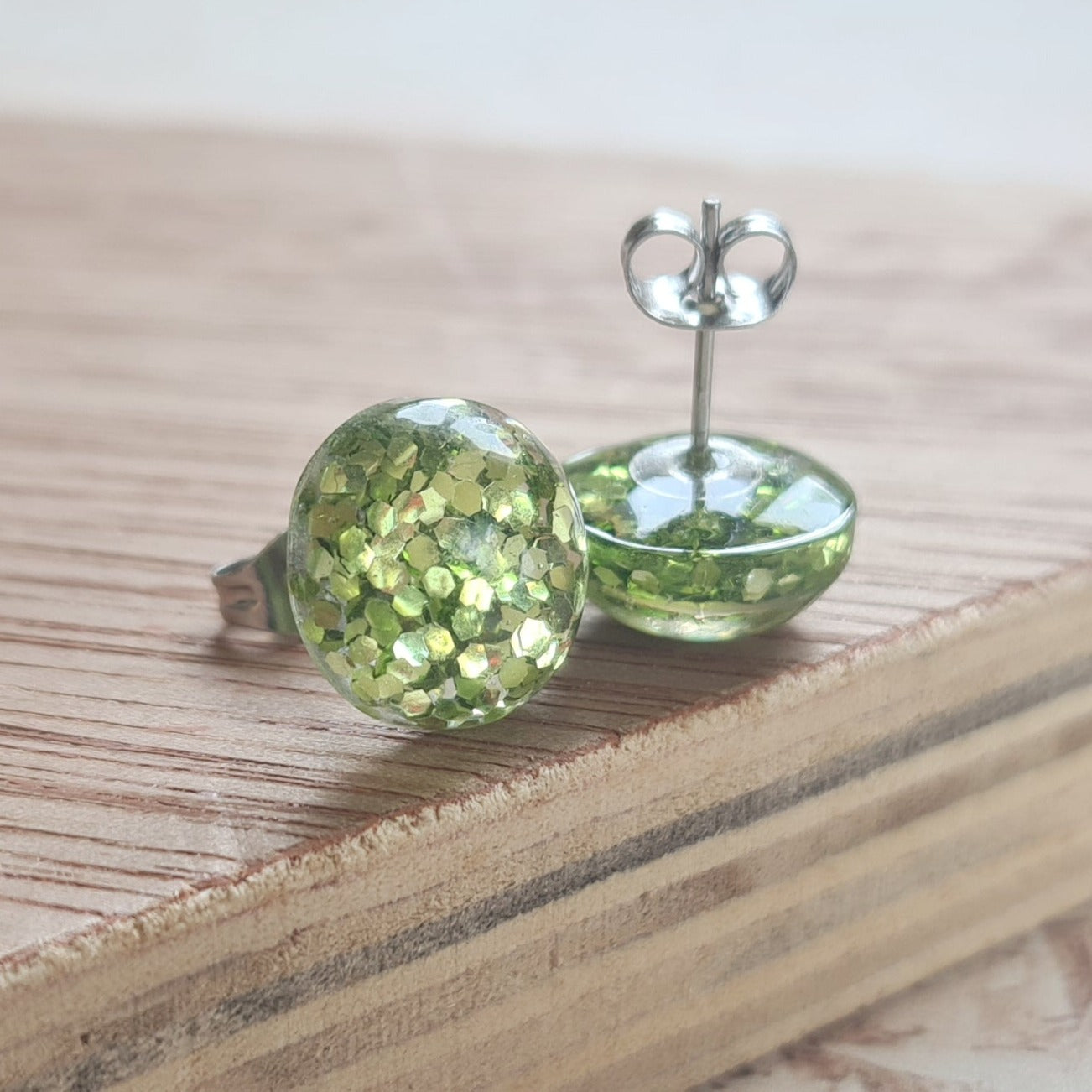 Glitter ball green - resin glitter stud earrings - the joyful rebel