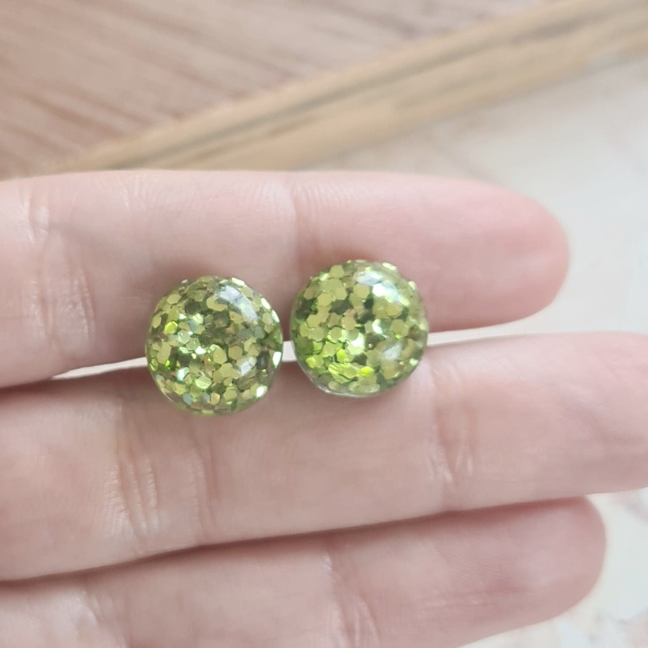 Grass green glitter stud earrings - spring colour - the joyful rebel