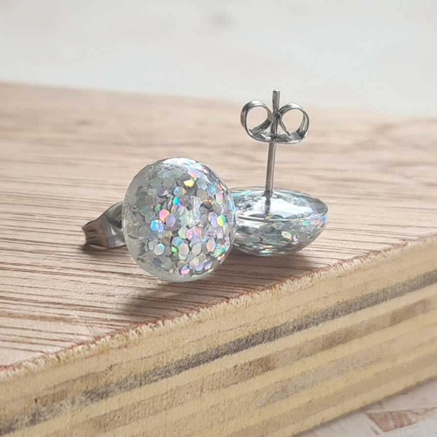 Glitterball silver iridescent, resin, stud, with surgical steel post and butterfly - pop of colour- the joyful rebel