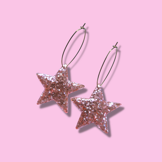 Glitter Pale Pink Star with Brass Oval Hoop