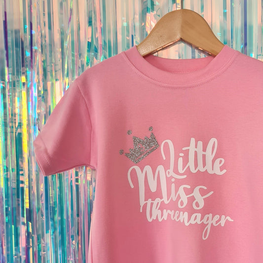LIttle Miss Threenager - Pale Pink Birthday Tshirt with white text and glitter crown