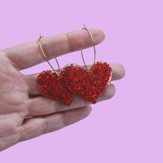 Glitter Red Heart with Brass Oval Hoop