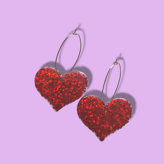 Glitter Red Heart with Brass Oval Hoop