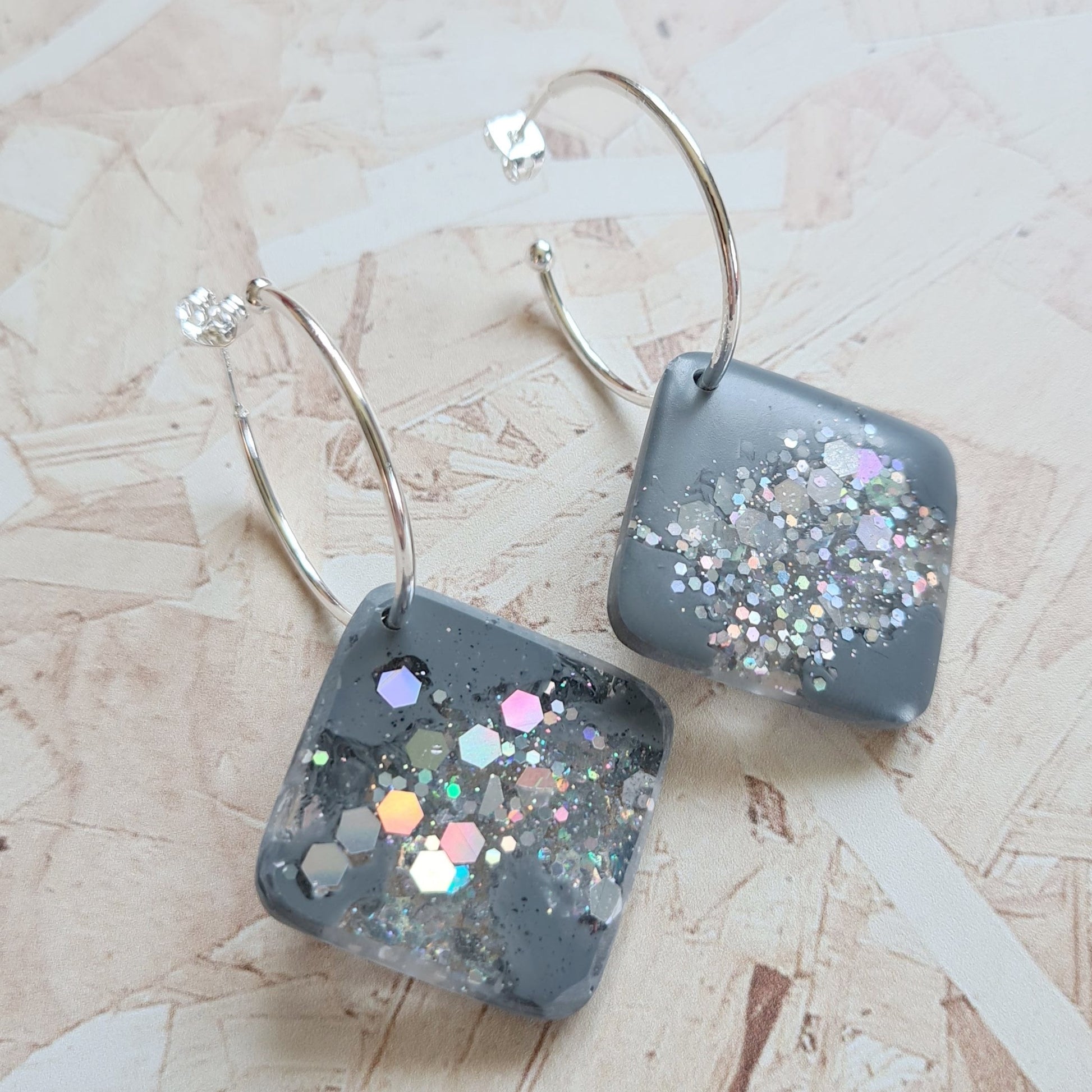 Silver plated hoop earrings with resin tile - The Joyful Rebel