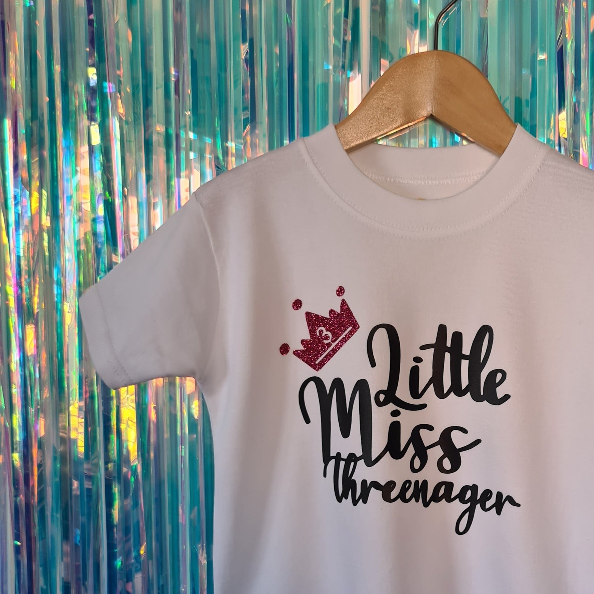 Little Miss Threenager - white tshirt with Black text and pink glitter crown