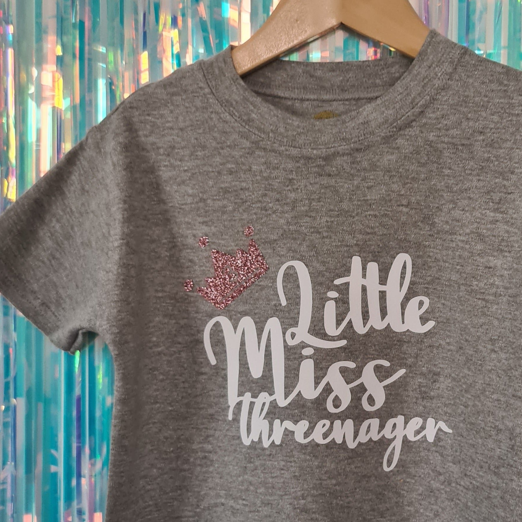 Little Miss Threenager - Grey tshirt with white text and pink glitter crown
