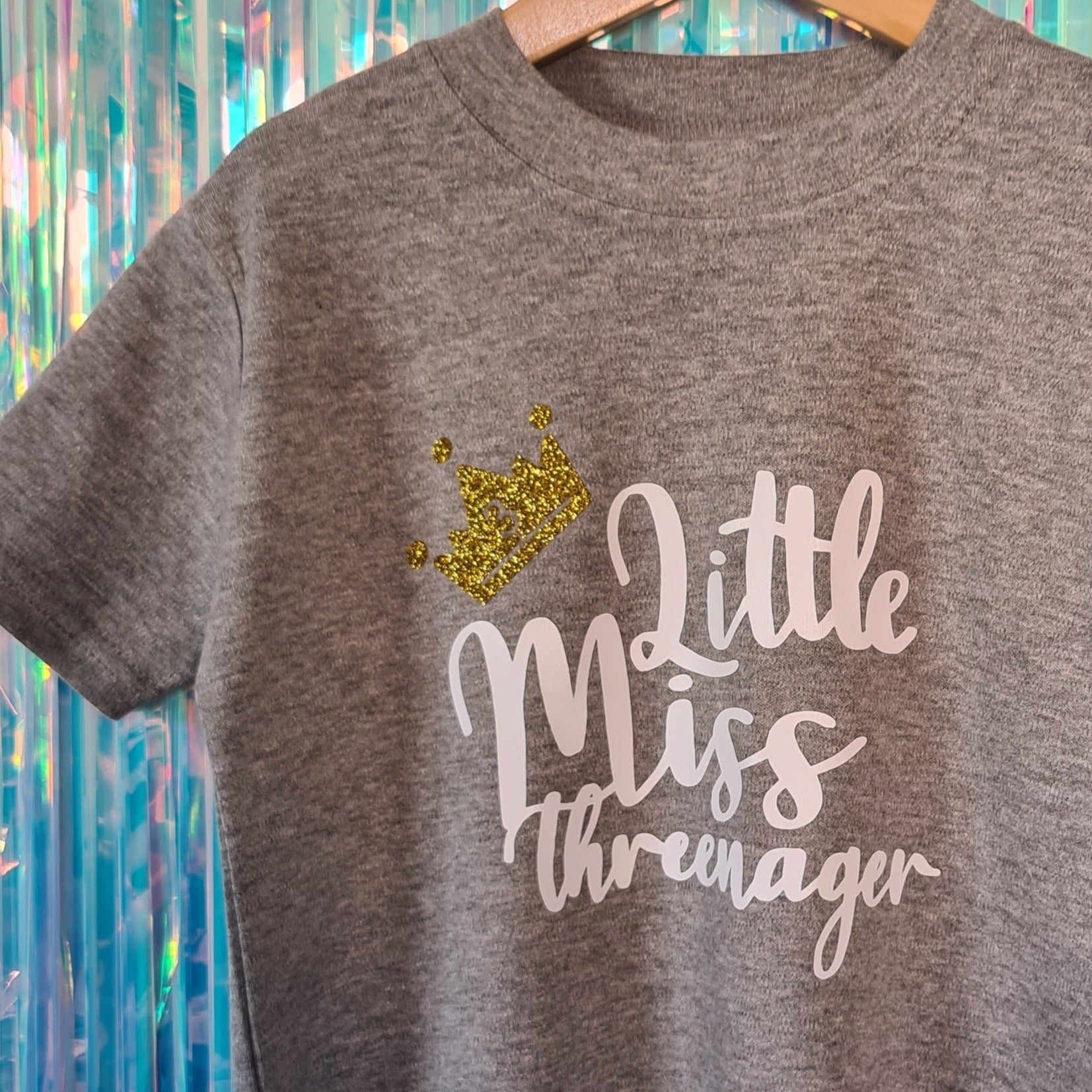 Little Miss Threenager - grey tshirt with white text and gold glitter crown