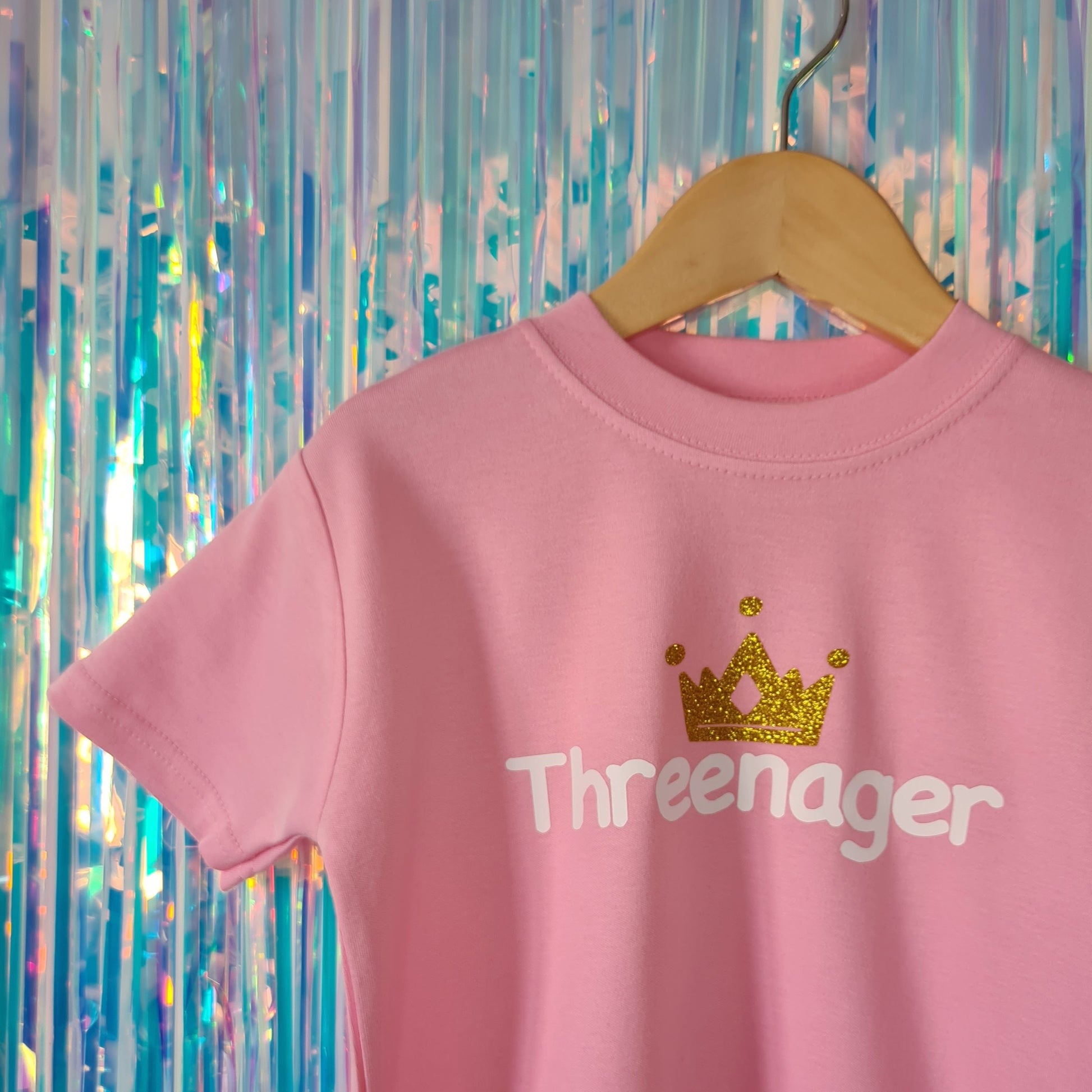 Threenager - pale pink tshirt with white text and gold glitter crown