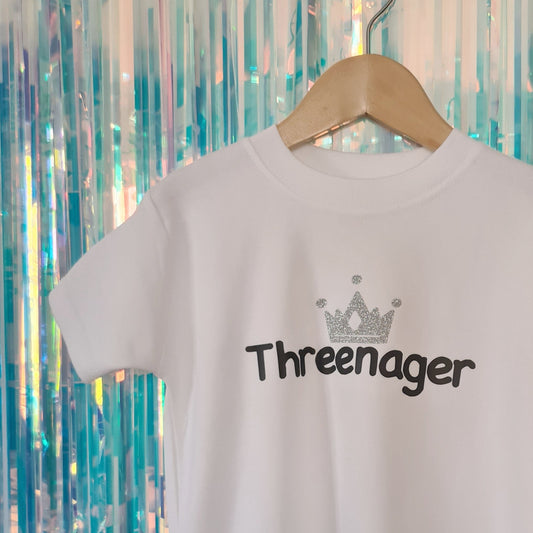 Threenager - white birthday tshirt with black text and silver glitter crown