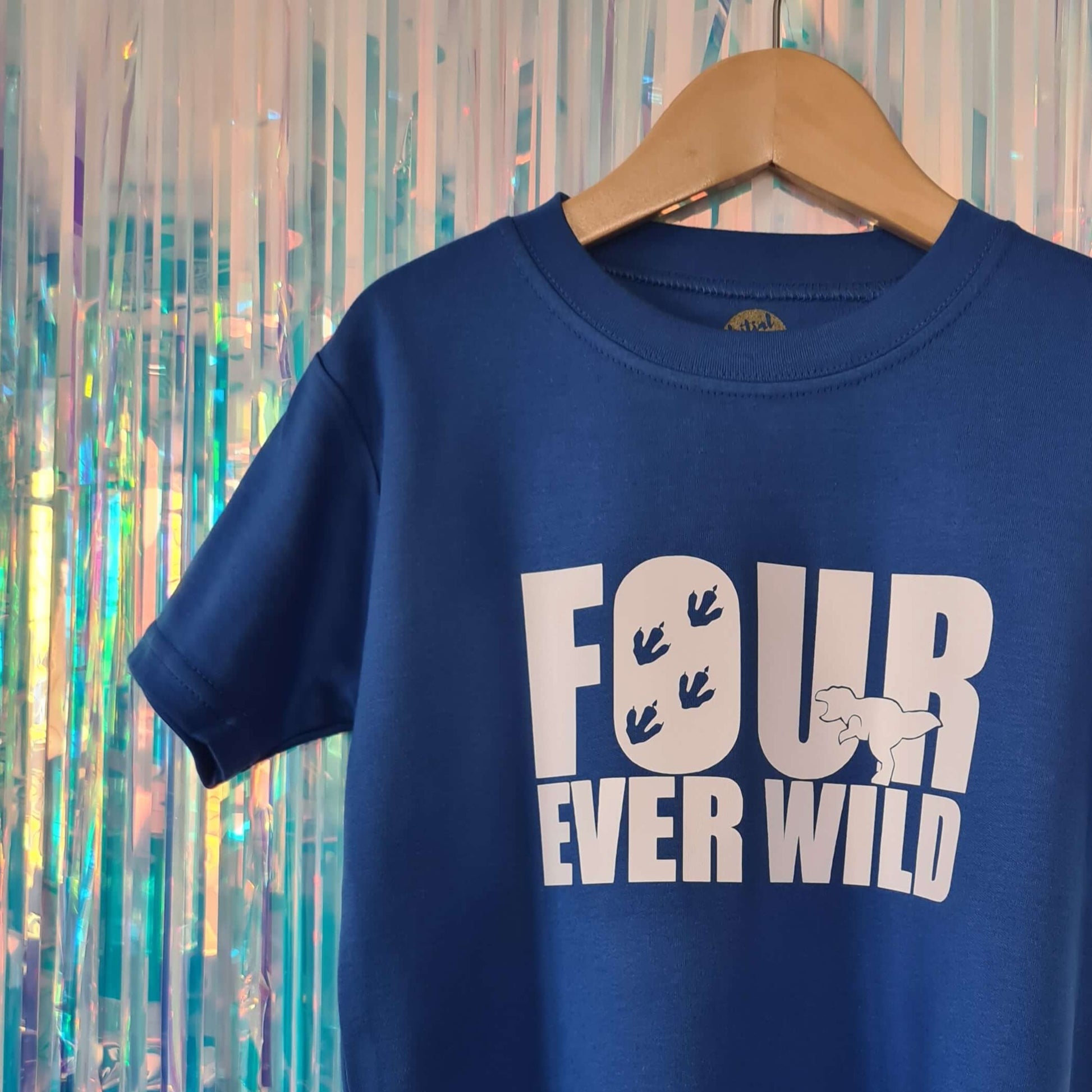 4th birthday royal blue tshirt with a white logo - Four Ever Wild- The Joyful Rebel