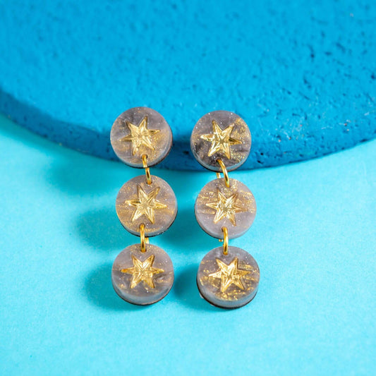 Grey marble constellation triple drop earrings with gold star details