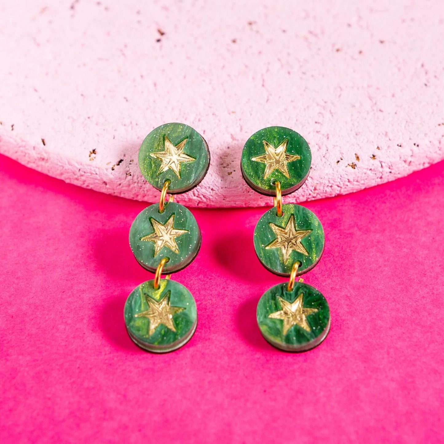 Green marble constellation triple drop earrings with gold star details