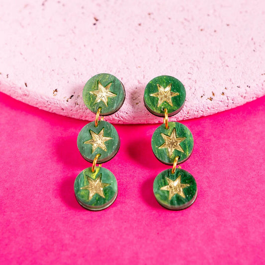 Green marble constellation triple drop earrings with gold star details