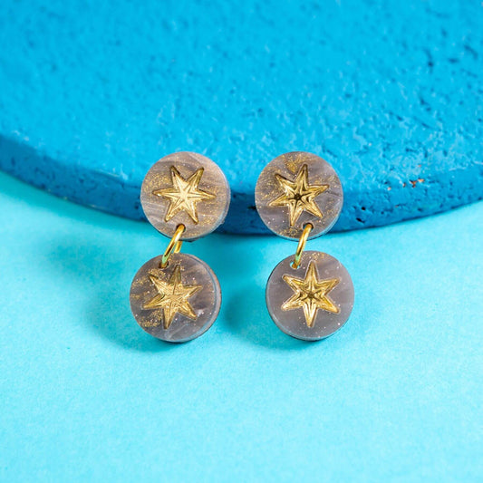 Grey marble constellation double drop earrings with gold star details