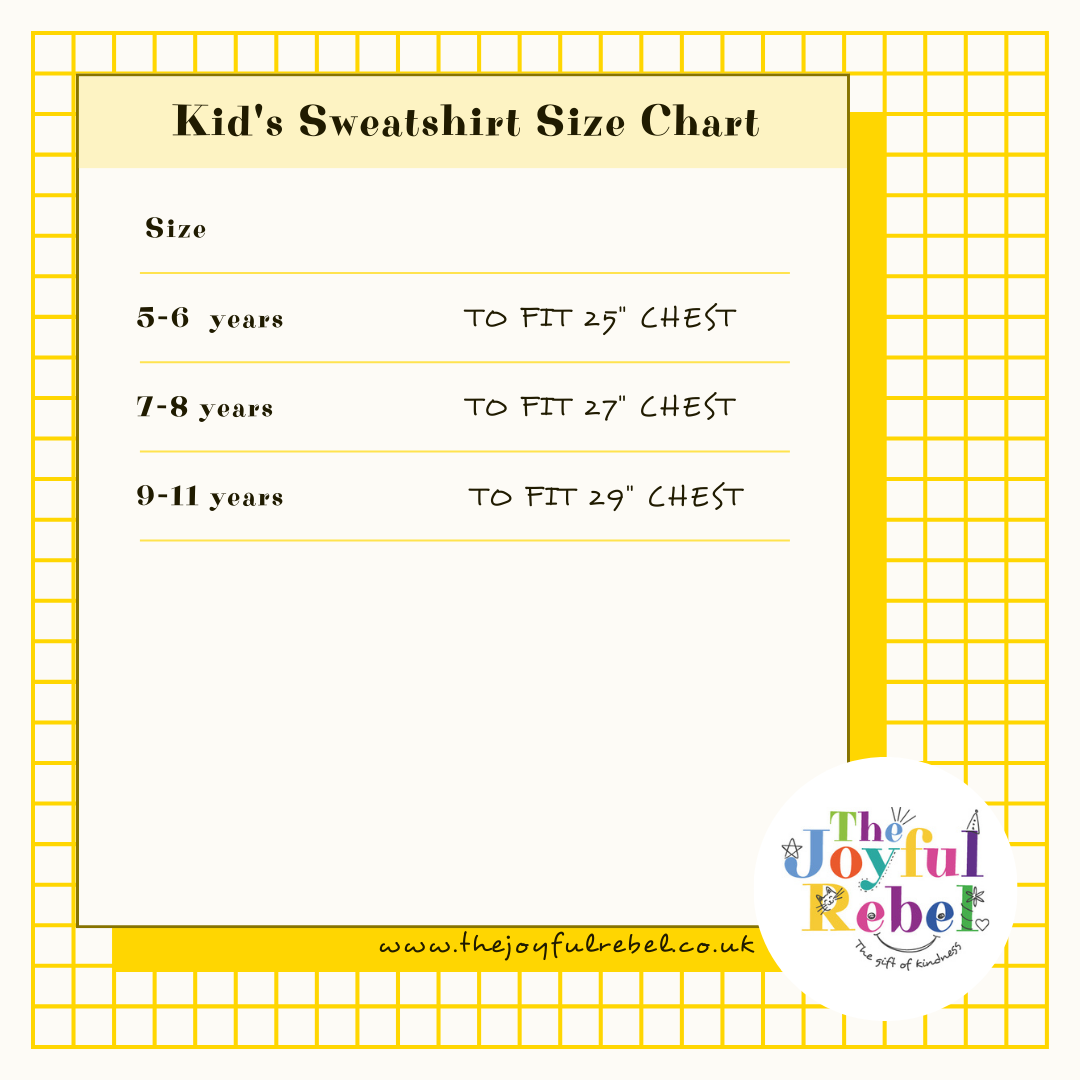 Shows the sweatshirt measurements for The Joyful Rebel hoodies 