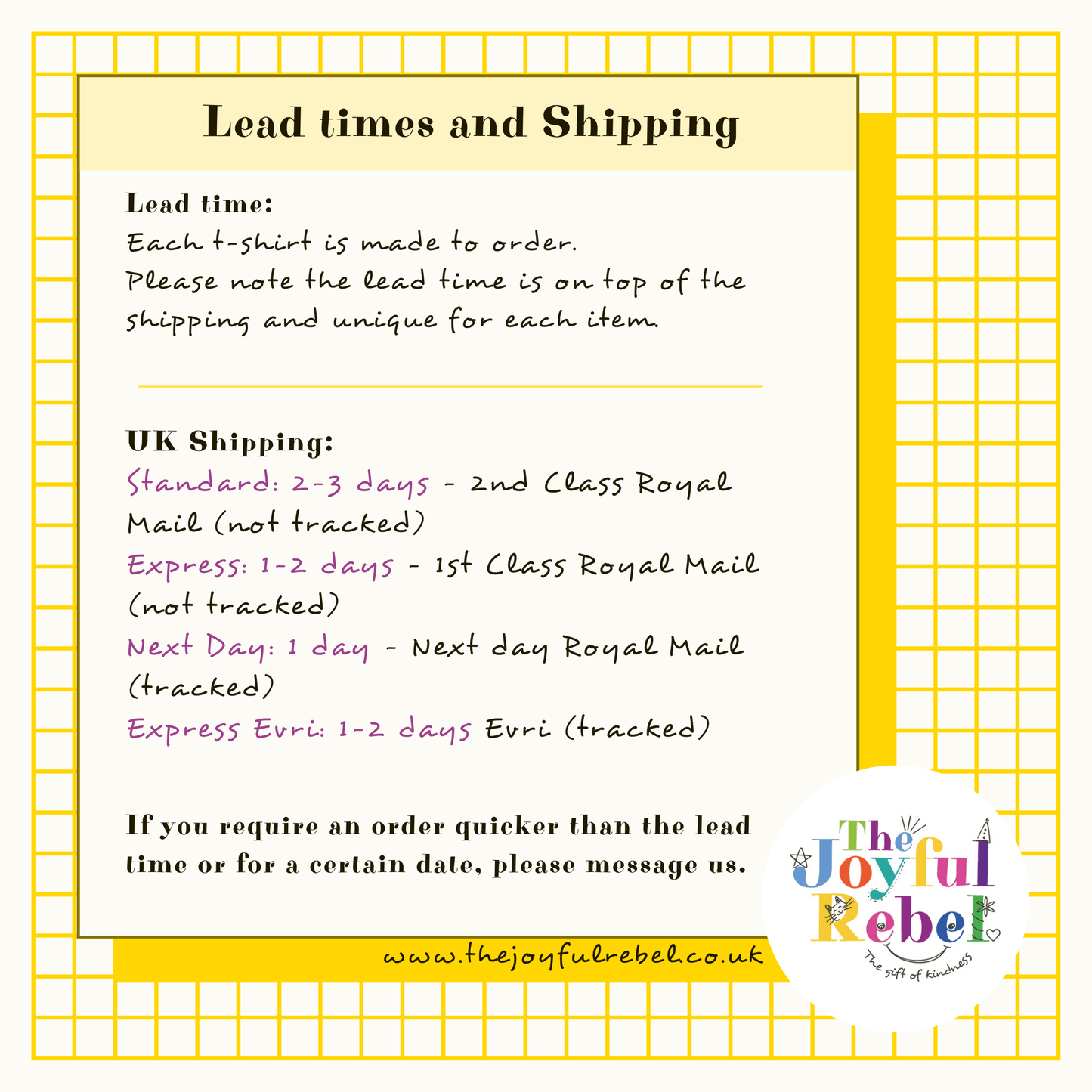 Table with lead times and shipping from The Joyful Rebel