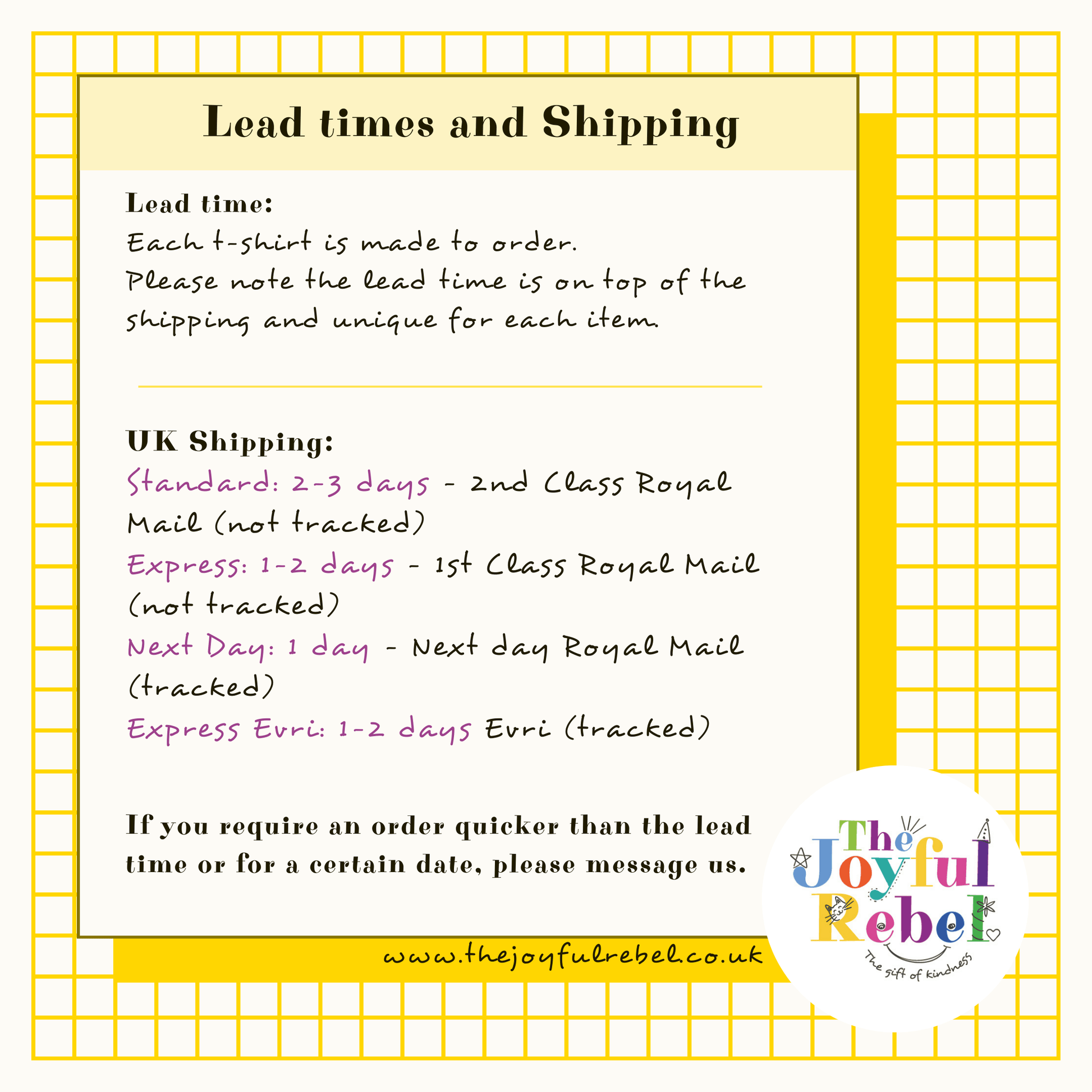 Table with lead times and shipping from The Joyful Rebel