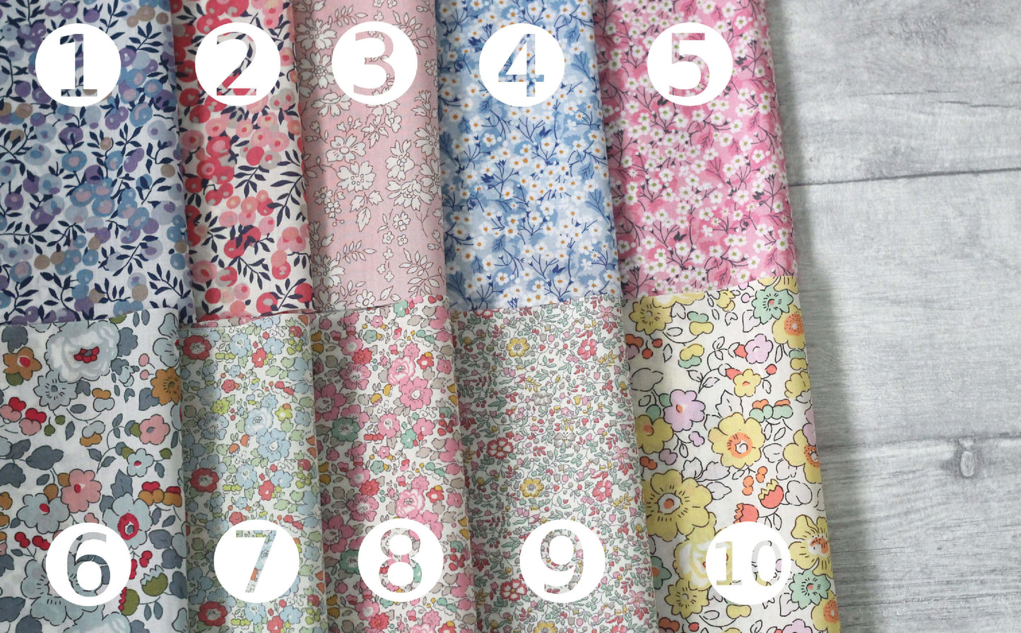 Liberty Print fabric colour and style options - all flowers in pink and blue.