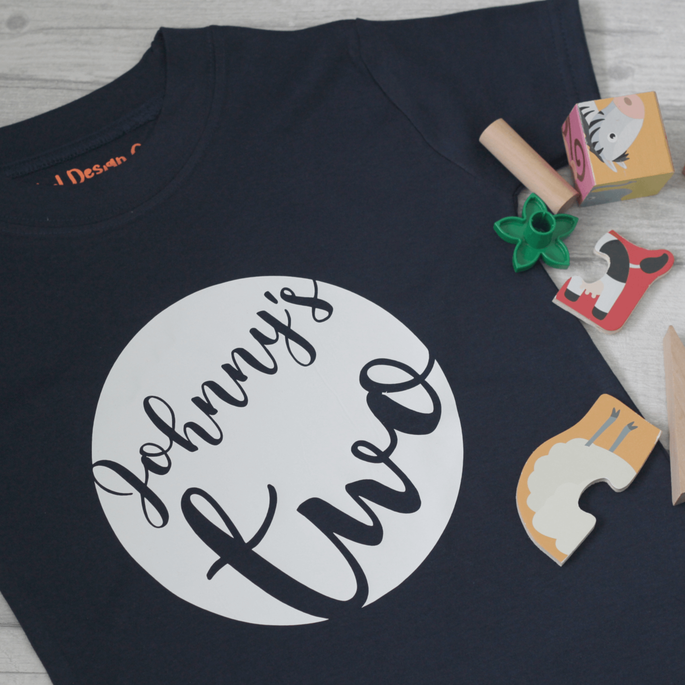 Personalised 2nd birthday tshirt - Johnny's two - navy tshirt with white print