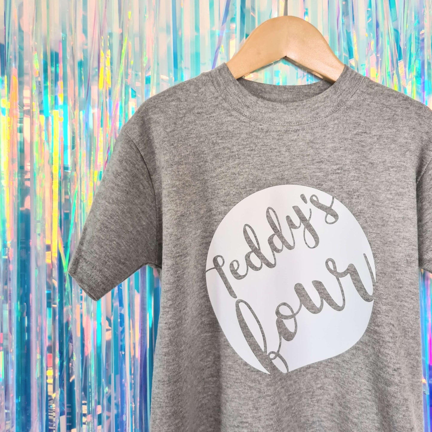 Grey Birthday tshirt with white print - Teddy's Four - The Joyful Rebel