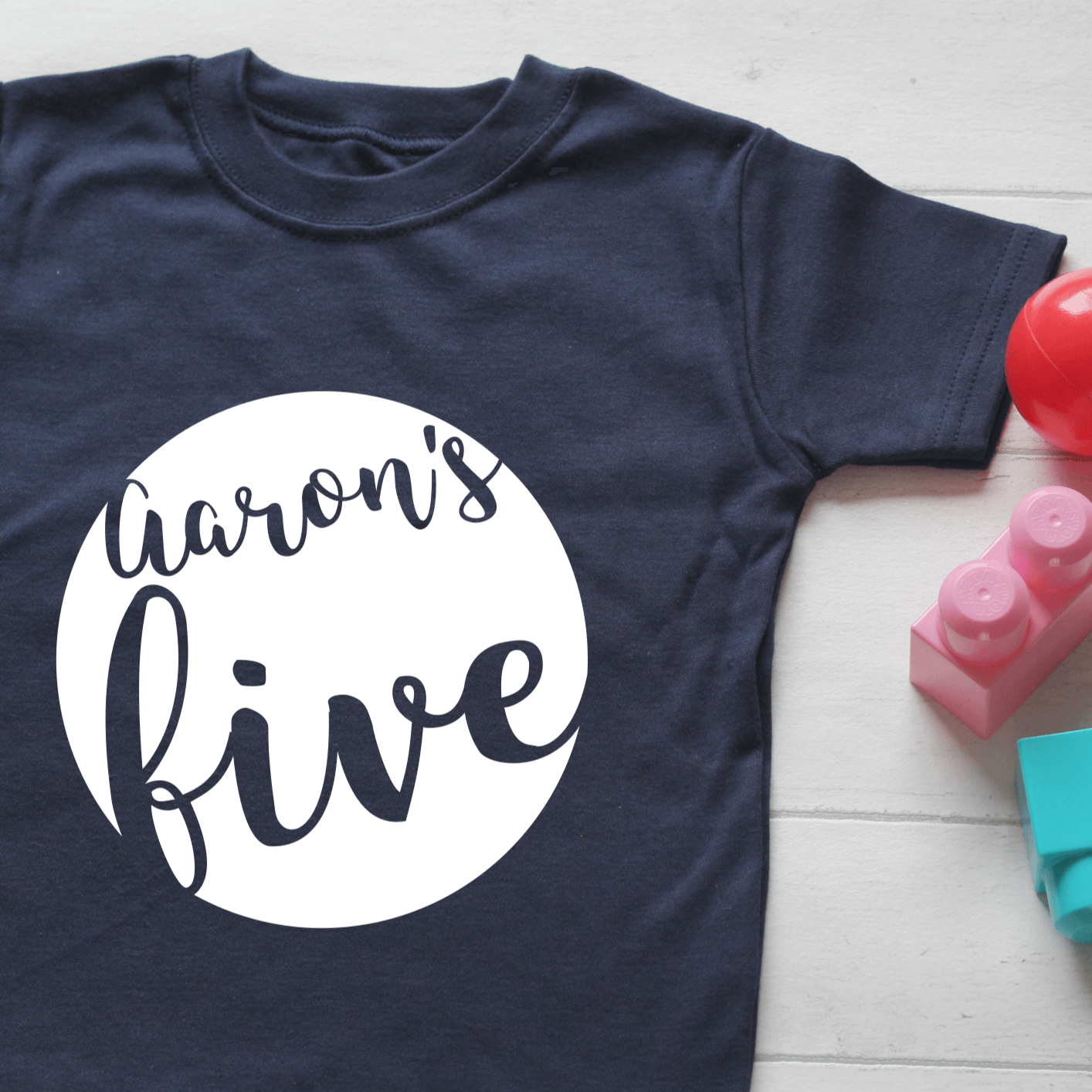 Personalised 5th Birthday Navy Blue T-shirt with White Print - Aaron's five - The Joyful Rebel