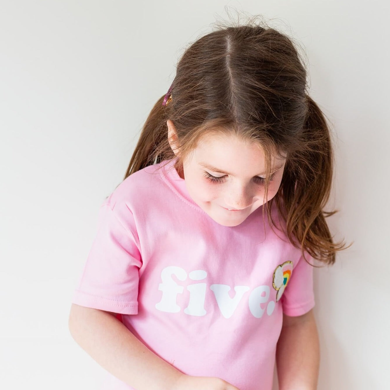 4th birthday pink tshirt with embroidered sparkly rainbow 