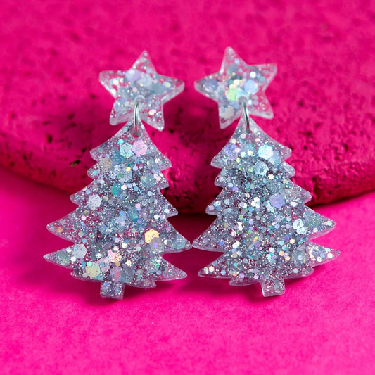 Super sparky iridescent silver Christmas Tree Earrings from The Joyful Rebel