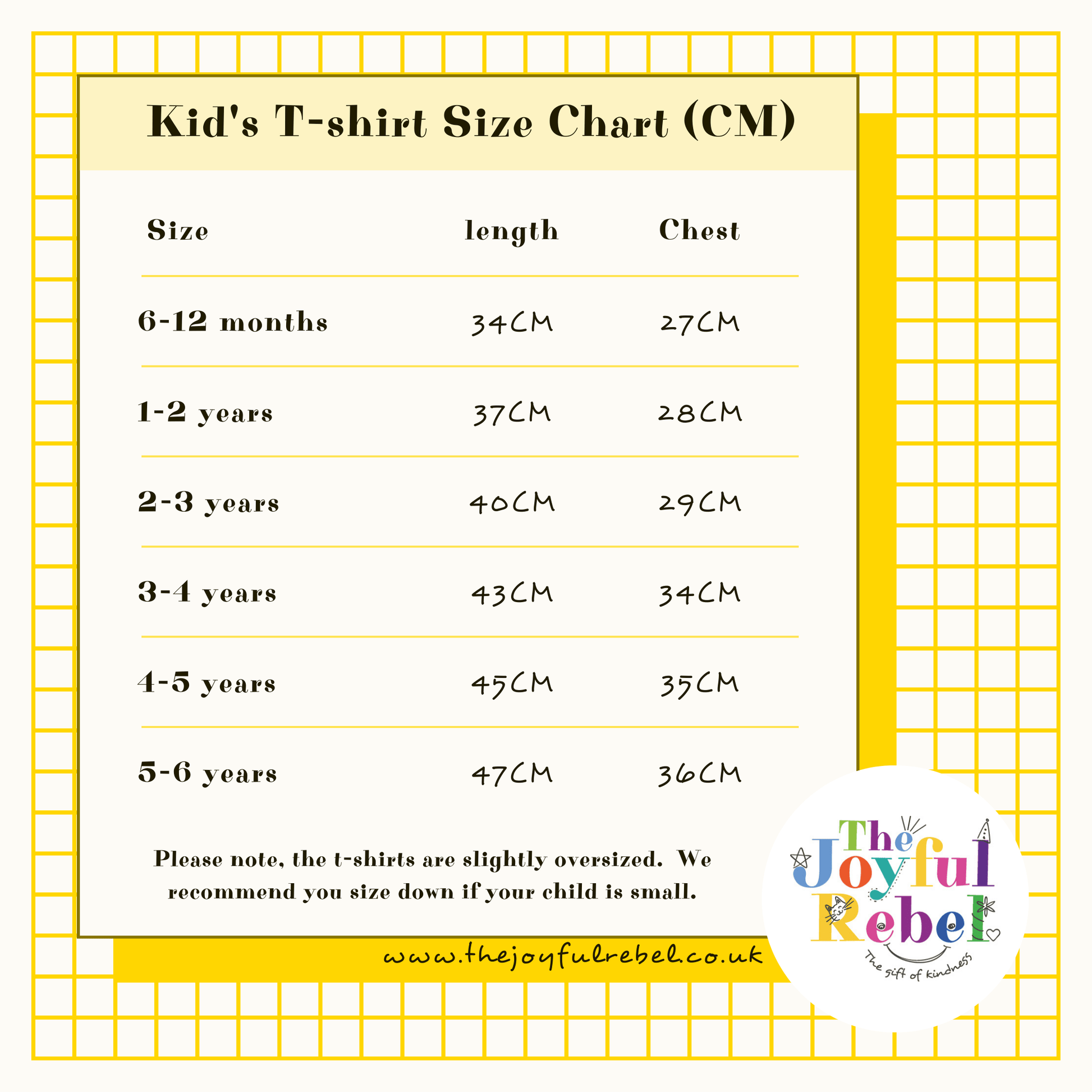 Details of the Kid's T-shirt sizes - The Joyful Rebel
