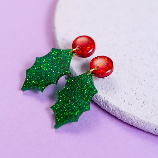 Glitter green holly and shiny red berry earrings by the Joyful Rebel