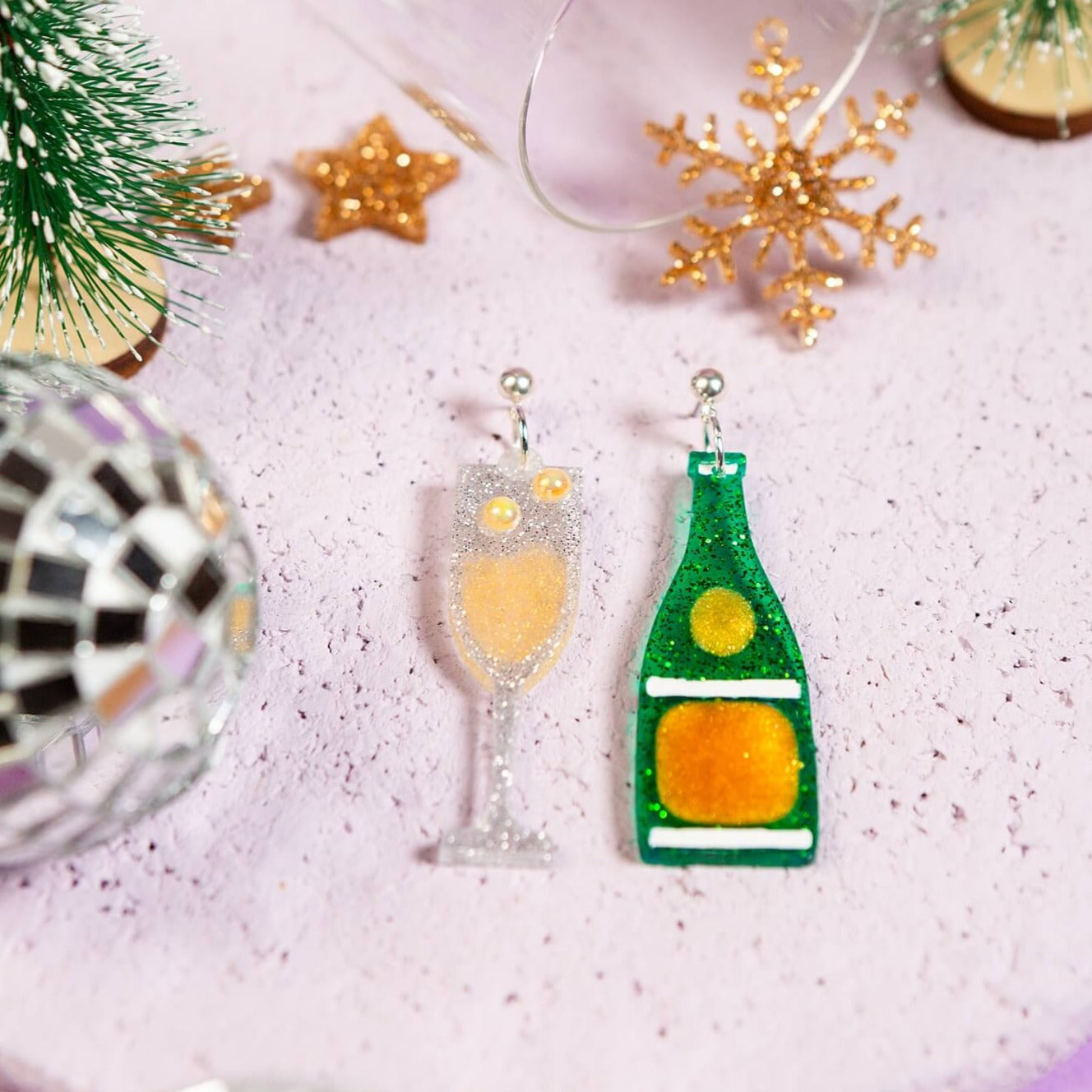 Prosecco Bottle earring with bubbles, The Joyful Rebel 